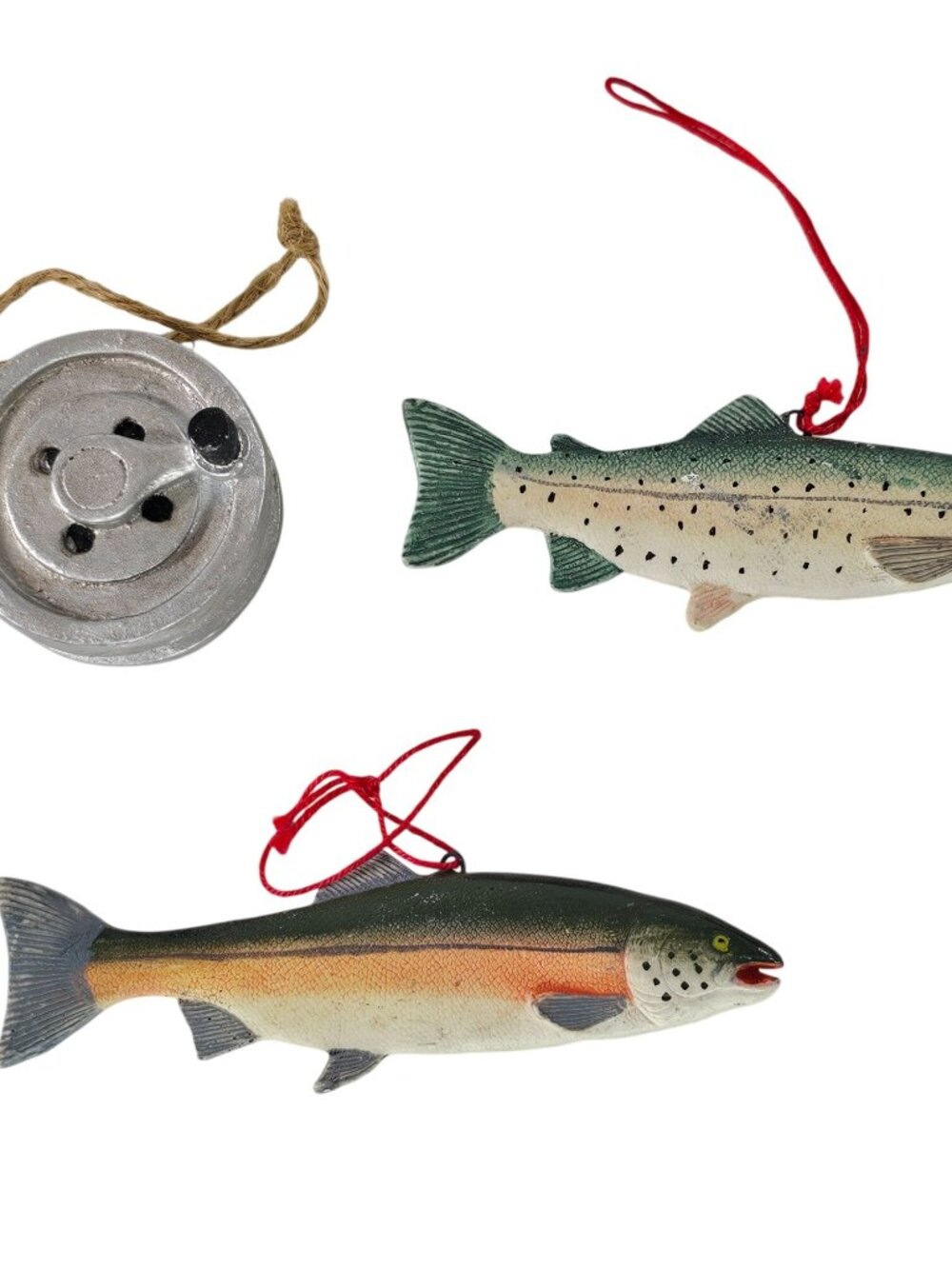 Fishing Themed Christmas Ornaments Set Of 3 Salmon Trout Reel Resin
